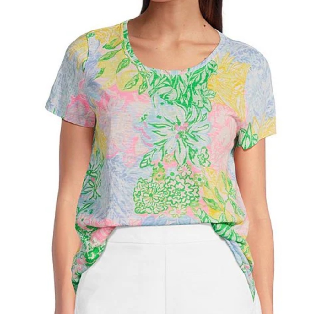 NWT Lilly Pulitzer Etta Scoopneck Cotton Top, Multi Bright Delight Patch Sz Med